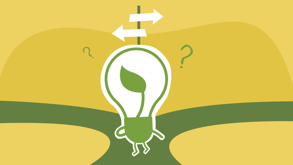 Illustration of a lightbulb with a leaf inside standing at a crossroads with arrows pointing in different directions, symbolising moral choices and decision-making in Buddhism.