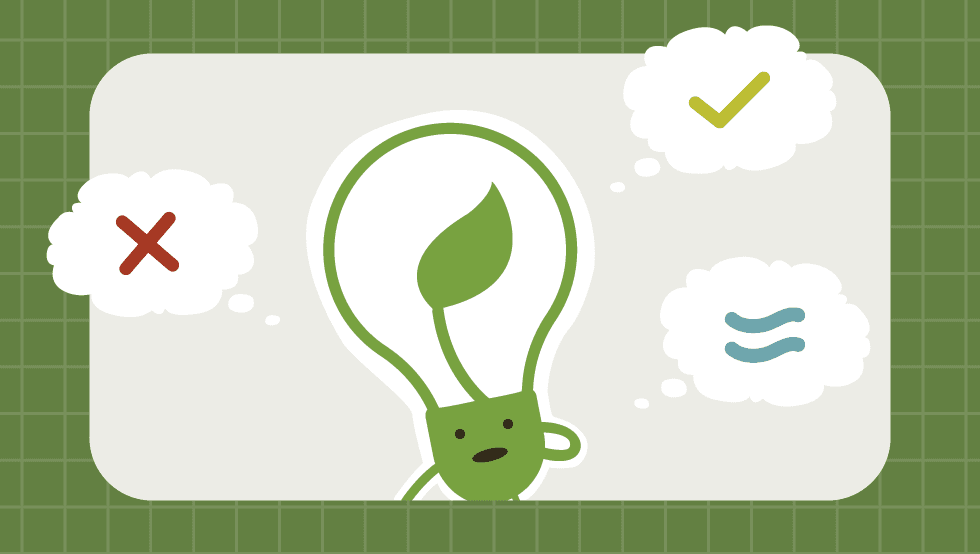 Illustration of a lightbulb with a leaf inside, thinking about symbols of right, wrong, and neutrality, representing moral reflection and ethical decision-making in Buddhism.
