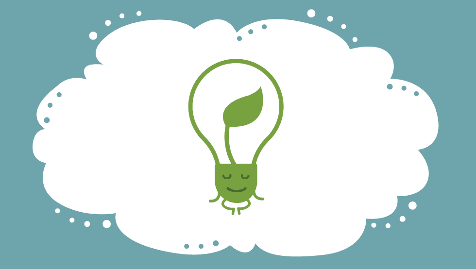 Illustration of a peaceful lightbulb character with a leaf inside, eyes closed in calm reflection, symbolising mindfulness and inner peace in Buddhist practice.
