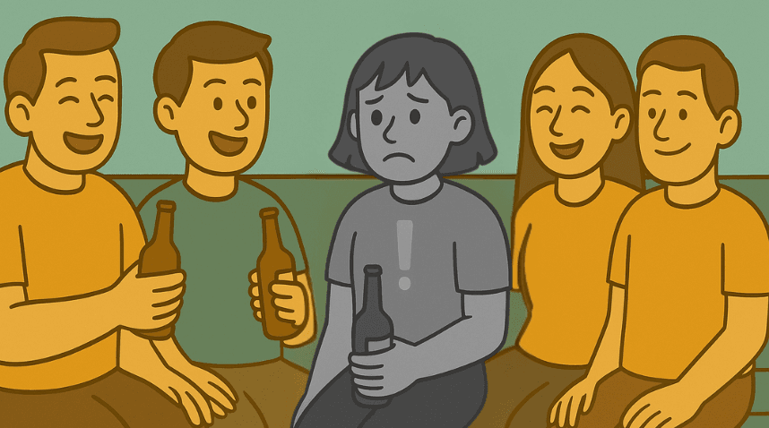 Illustration of a person holding a beer bottle and looking uncomfortable among friends who are drinking, symbolising the challenge of keeping the Five Precepts in Buddhism, particularly abstaining from intoxicants.