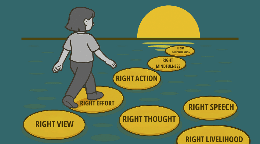 Illustration of a person walking on stepping stones labelled with the Noble Eightfold Path—Right View, Right Thought, Right Speech, Right Action, Right Livelihood, Right Effort, Right Mindfulness, and Right Concentration—symbolising the Buddhist path to wisdom and virtue.