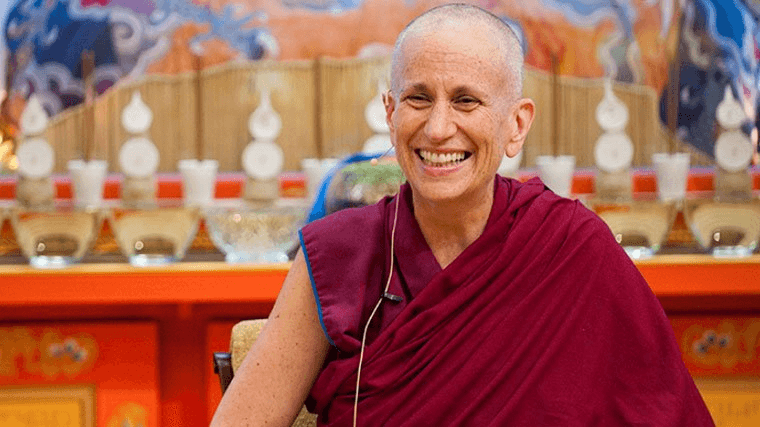 Venerable Thubten Chodron giving a talk on integrating psychology with Theravada Buddhism, highlighting women in Buddhism and the role of female Buddhist teachers, shared as an International Womenβs Day message.