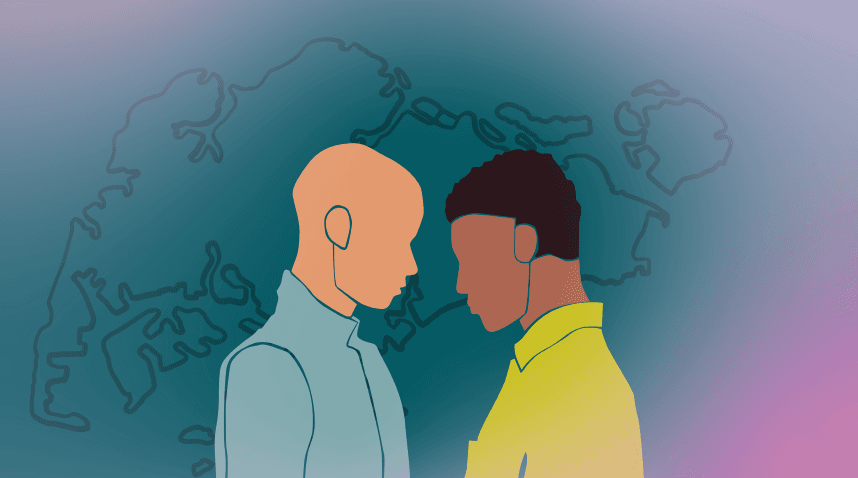 Illustration of two men standing closely together, symbolizing gay identity and self-acceptance, with abstract Buddhist imagery in the background. Represents themes of Theravāda Buddhism, love and attachment, and the experiences of gay Buddhists, including LGBTQ+ perspectives in Buddhism and the struggles of gay Buddhist monks in conservative societies.
