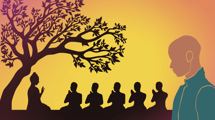 Silhouette of the historical Buddha teaching a group of disciples under a tree, representing Theravāda Buddhist teachings. A figure on the right reflects personal reflection and self-acceptance, highlighting themes of Buddhism and homosexuality, LGBTQ+ in Buddhism, gay Buddhists, gay Buddhist monks, and the balance of love and attachment in Buddhist practice.
