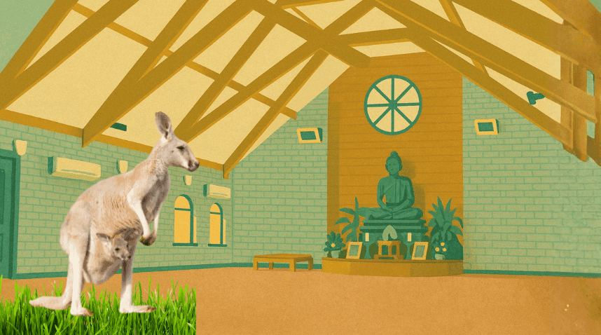 Visiting Bodhinyana Monastery. You may spot kangaroos along the path towards the monastery.