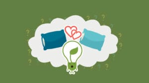 Illustration of a lightbulb with a leaf inside, thinking about two pillows and intertwined hearts, symbolising questions about love, relationships, and sexuality in Buddhism.