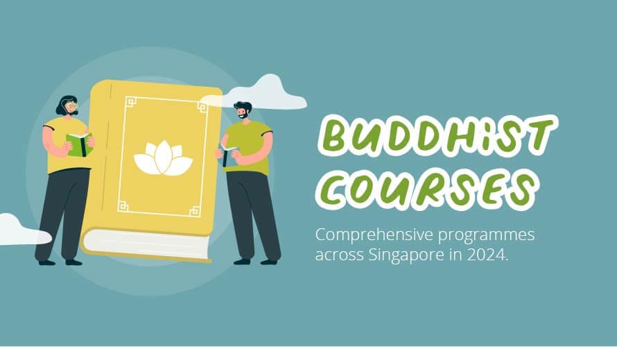 Basic Buddhism Courses in Singapore 2024 Illustration of two people reading beside a large book with a lotus symbol, representing Buddhist courses and study programmes available in Singapore in 2024.