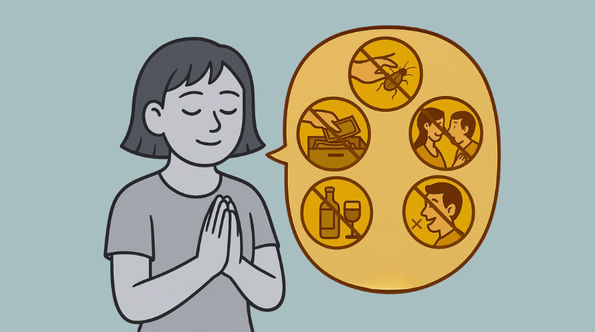 Illustration of a woman with palms together reflecting on the Five Precepts in Buddhism — no killing, no stealing, no sexual misconduct, no lying, and no intoxication.